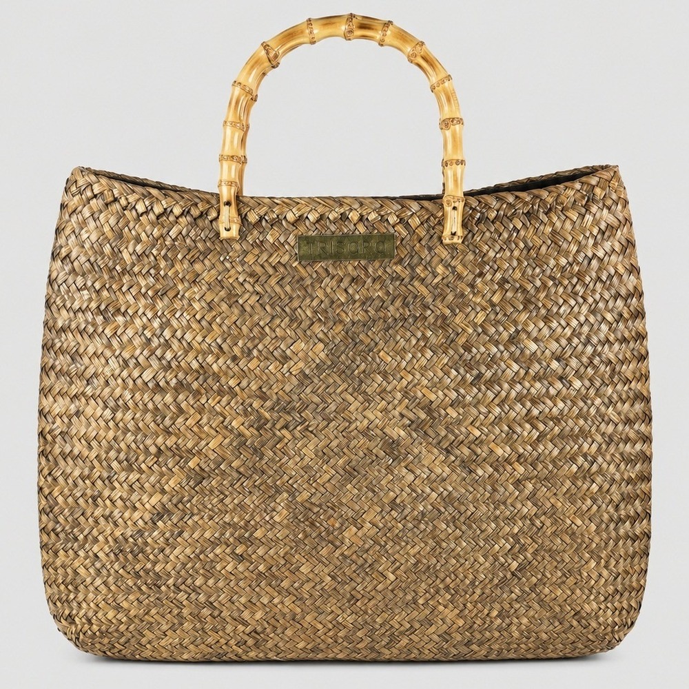 Trisara Woven Straw Tote Bag Dark Brown‎ Bamboo Handle Large Beach Bag Thailand